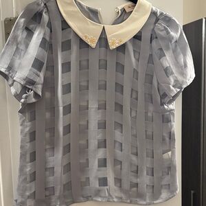 Elegant Gray Blouse with Cream Collar